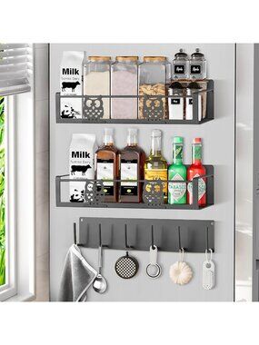 New Gray Magnetic Spice Rack Fridge Shelf with Hooks Owl Kitchen Organizer Rack